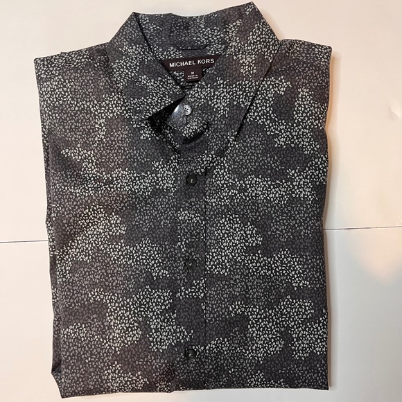 Michael‎ Kors Grey Floral Print Botton Down Short Sleeve Medium Trim Stretch - Picture 4 of 6